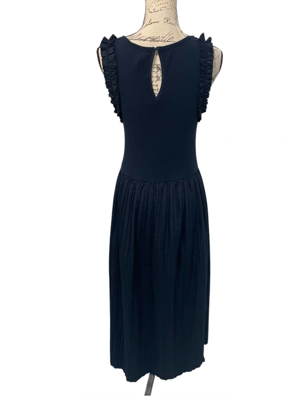 Ellen Tracy Navy Pleated Midi Dress Ruffle Sleeve Size M - Picture 4 of 6